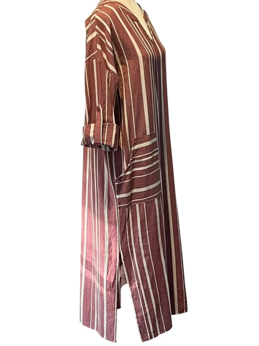 NWT entro Burgundy and Cream Stripe Maxi Capri Dress Roll Sleeves 100% Cotton S - Picture 7 of 15